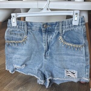 Forever 21 Blue Jean Shorts with Pearl Embellishments